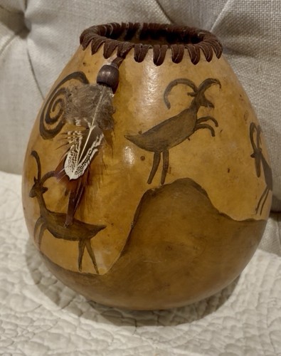 Handmade Vintage Painted Gourd Art Piece Southwest Style Bighorn Sheep Look