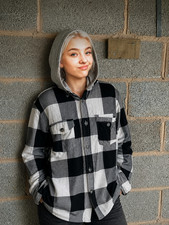 Brave Soul Hooded Check Shirt Jacket Black Grey Flannel Shacket Size M Streetwea