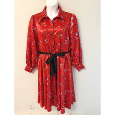 Unique Vintage Red Western Cowgirl Print Satin Midi Shirt Dress Plus Size 1X/16