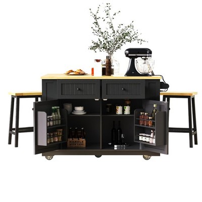 K&K 48'' Kitchen Island (Drop Leaf, Outlet, Storage, 5 Rolling Wheels) Stools