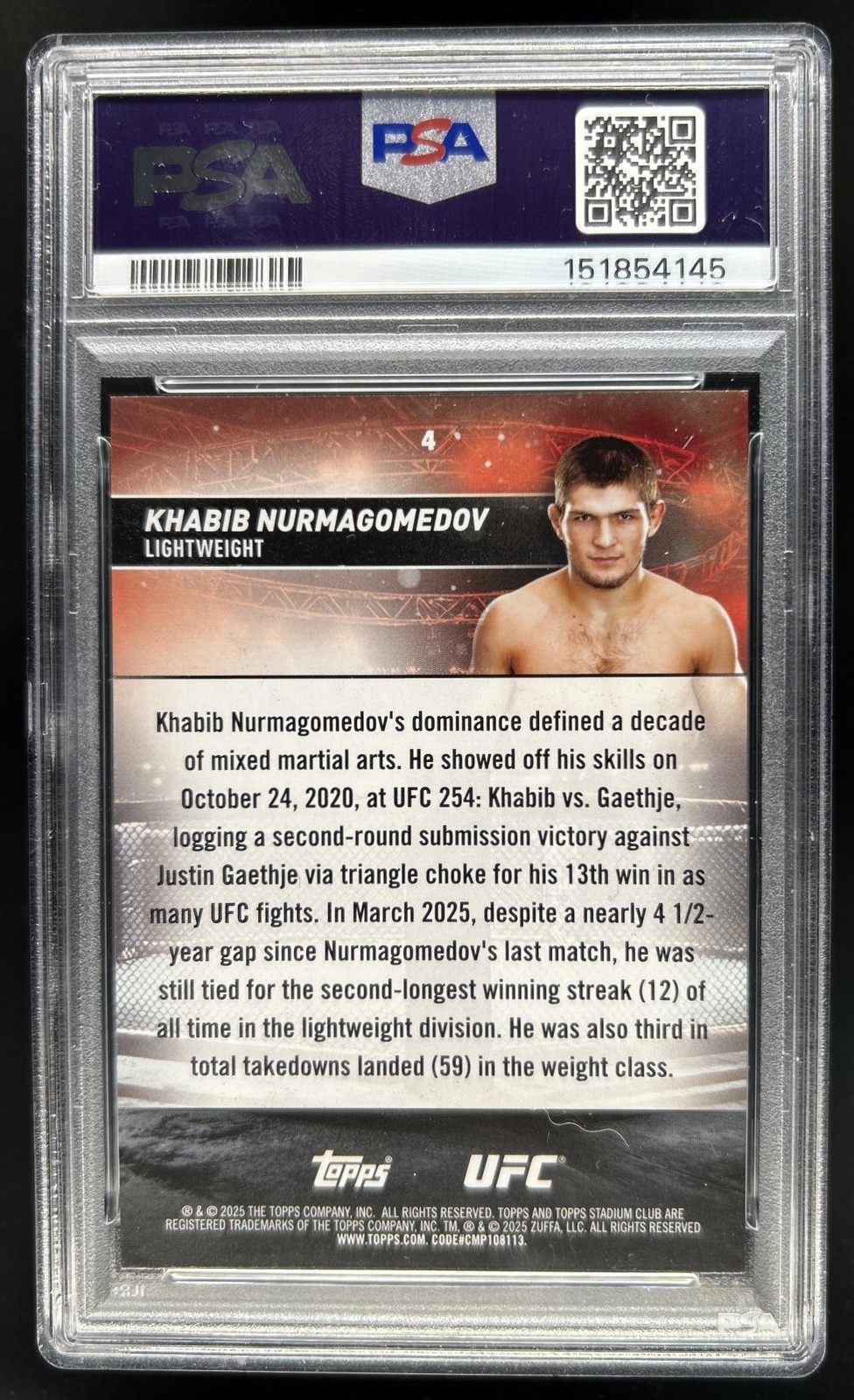2025 Topps UFC Stadium Club Khabib Nurmagomedov Black Foil #4 PSA 8 view 2