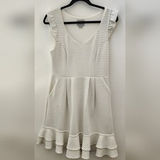 Anthropologie Maeve Sunland Striped V Neck Ruffle Sleeve Knit Pockets Dress 10
