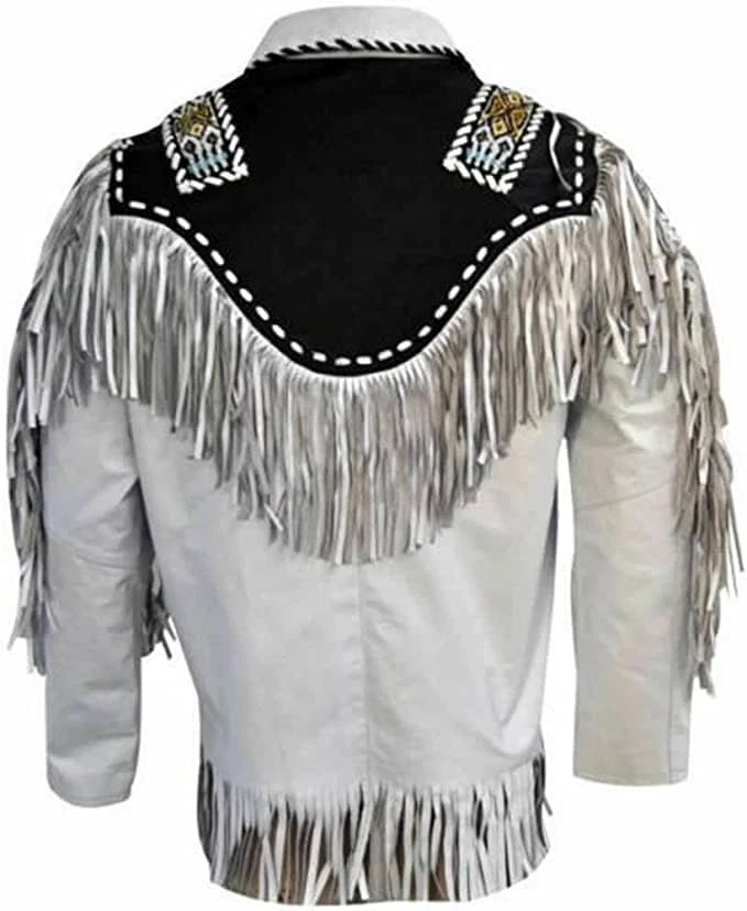 Western Cowhide Leather Jacket Mens Native American Beads & Fringe Cowboy Jacket - Image 3 of 4