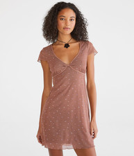 Aeropostale Brown Floral V-Neck Mesh A-Line Mini Dress Medium