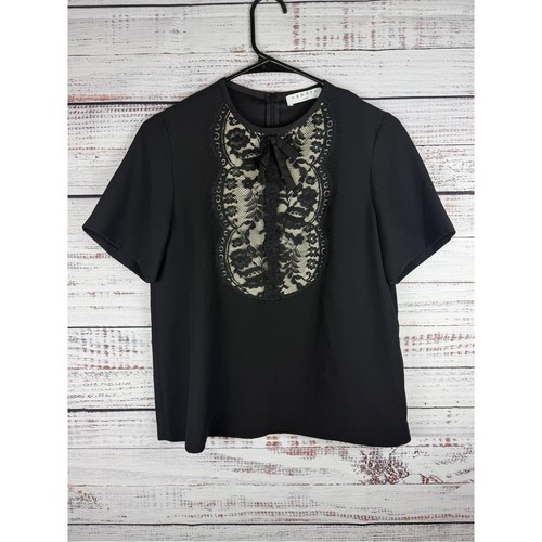 Sandro Paris Black Lace Bib Bow Blouse Short Sleeve Size 1  NWOT