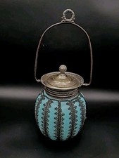 ANTIQUE RARE Biscuit Barrel Mt Washington Opaline Blue Silver Filigree  Lid 13"
