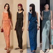 French Styke Spanish Womens Sleeveless Real Silk Long Wrap Dress Floral Print Sz