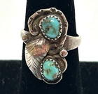 Vintage Navajo Native American Sterling Silver Turquoise Leaves Ring