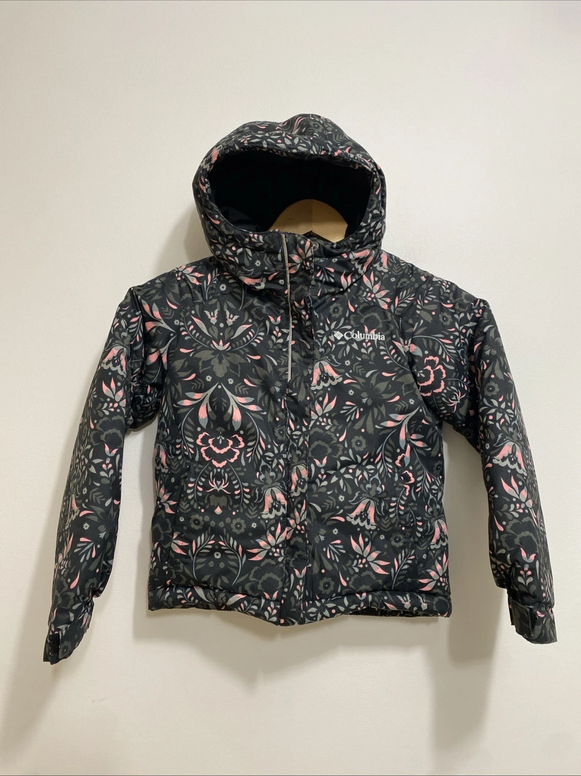 Columbia Girls Floral Puffer Pink Black Jacket Size XXS 4/5 Hooded Full Zip