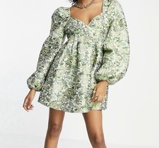 ASOS EDITION Empire Waist Mini Dress in green floral Jacquard