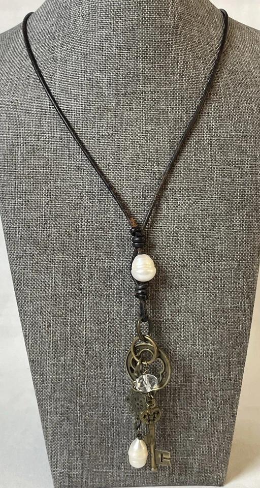 90s Artisan Leather Cord Necklace 35” Genuine Pearl Brass Key Flower Charms - Image 2 of 4