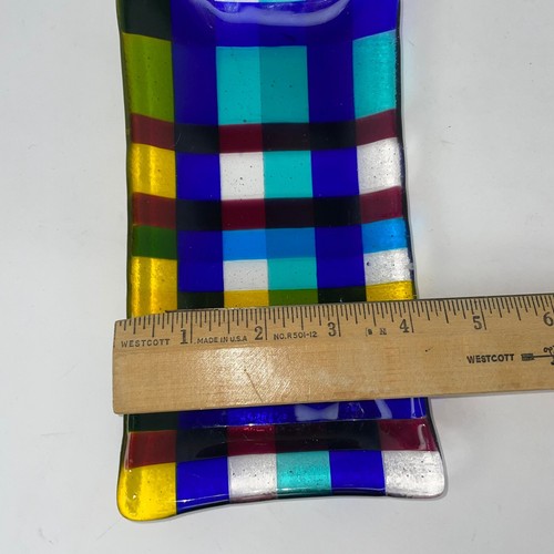 Fused Art Glass Trinket Tray Blue Yellow Check Design 7.5 X 4 Inches - Picture 6 of 8