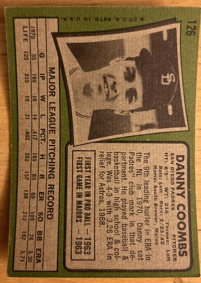 1971 Topps Danny Coombs Baseball Card #126 Padres Pitcher Low-Grade O/C - Image 2 of 2