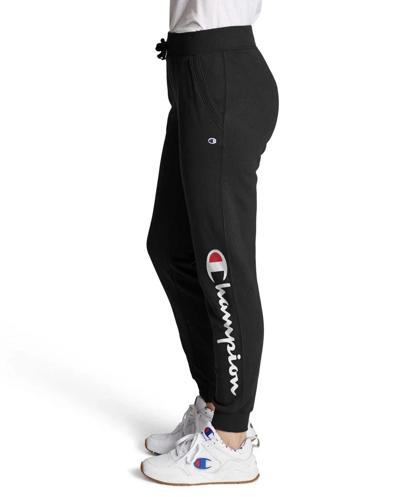 Champion Women's PowerBlend Fleece Black Jogger Pants Script Logo Small NWT