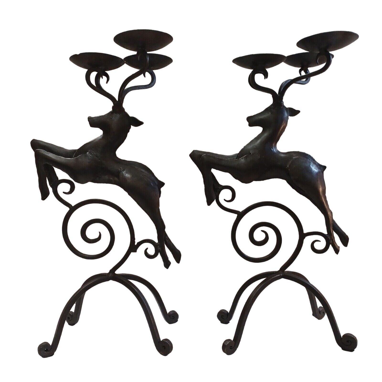 (2) 20" VTG Pier 1 Wrought Iron Reindeer Leaping Deer Triple Candle