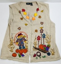 Vintage Oldstock Women’s Xl Cotton Knit Fall Harvest Festive Embroidered Vest