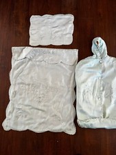 Vintage 3-Piece Set Blue Baby Cradle Embroidered Coverlet, Pillow Case, Outfit