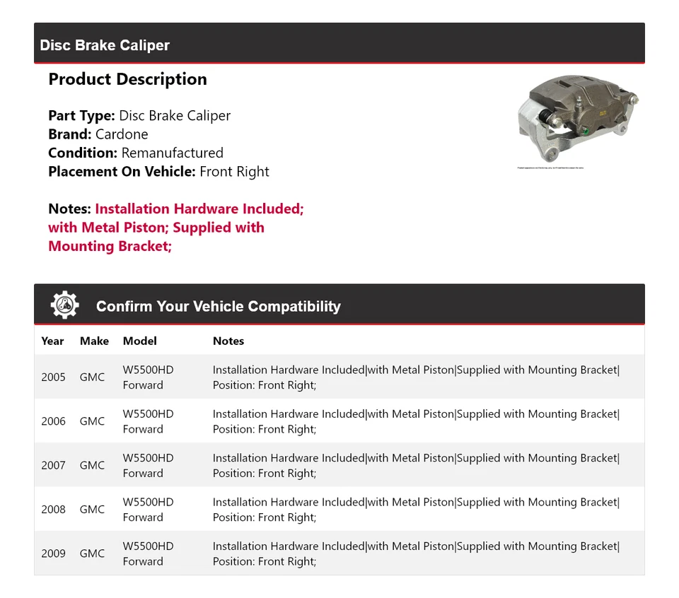 Pinza de freno de disco delantera derecha Cardone 2006 para GMC W5500HD 2005-2009 Foto 2 de 4