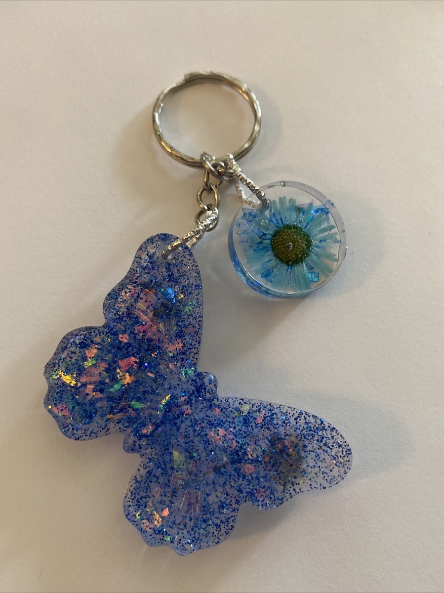 Handmade Resin Keychain Butterfly With Charm Blue