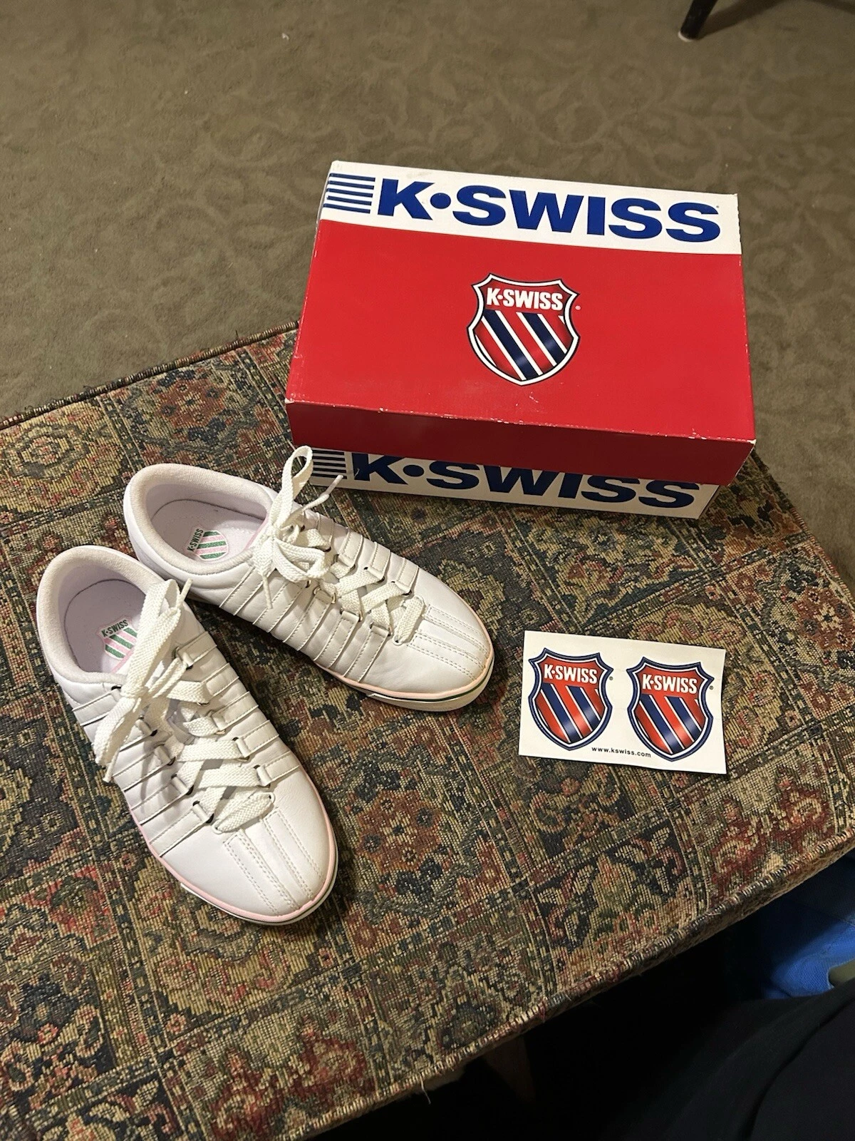 BASKETS EN CUIR femme K SWISS Classic Supreme blanc/rose/vert kelly neuves dans leur boîte taille 7