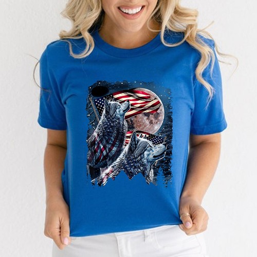 Wolf 4th of July American Flag Howling Wolves Under Moon Unisex T-Shirt - Picture 10 of 22