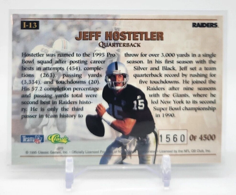 1995 Classic Pro Line Jeff Hostetler Impact Insert Card 1560/4500 - Image 2 of 2