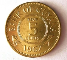 1967 GUYANA 5 CENTS - AU - Exotic Coin - FREE SHIP - LOT RRR