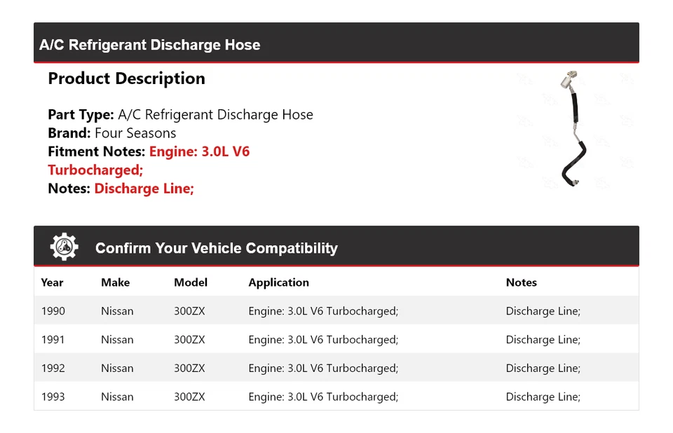 Manguera de descarga de refrigerante aire acondicionado Nissan 300ZX 1990-1993 4 estaciones 1991 1992 Foto 2 de 4