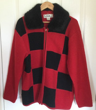 LISA INTERNATIONAL LADIES RED/BLACK BOILED WOOL JACKET XL REMOVABLE FUR COLLAR