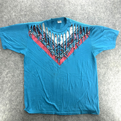 Vintage y2k Jerzees Shirt Mens XL Blue Aztec Fringe Beads Southwestern USA 90s