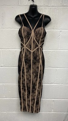 Club L Nude Kontrast Spitze Herzausschnitt Ärmellos Bodycon Kleid UK10 PD