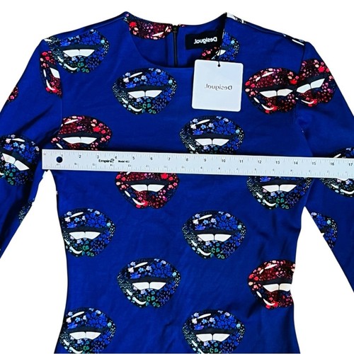 Desigual Women’s Sz S NWT Blue Pop Lips Print Dress Long Sleeve Fitted Mini - 第 11/15 張圖片