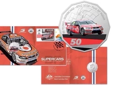 2021 Australian PNC-“Supercars”2008 Ford BF Falcon Coloured 50c Coin & Stamp.