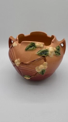 Vintage Roseville Pottery Snowberry Rose Brown Double Handle Jardiniere IRB-7