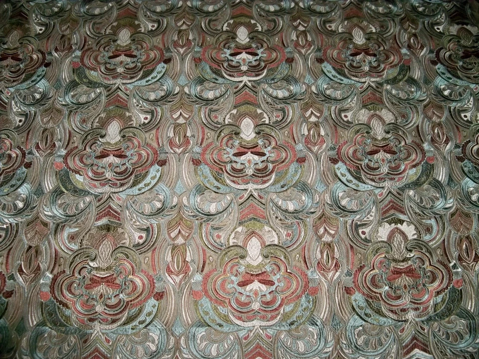 TAPESTRIA TAJ MAHAL MEDALLIONS EMBROIDERED SILK FABRIC 6 YARDS BROWN CREAM AQUA - Image 3 of 4