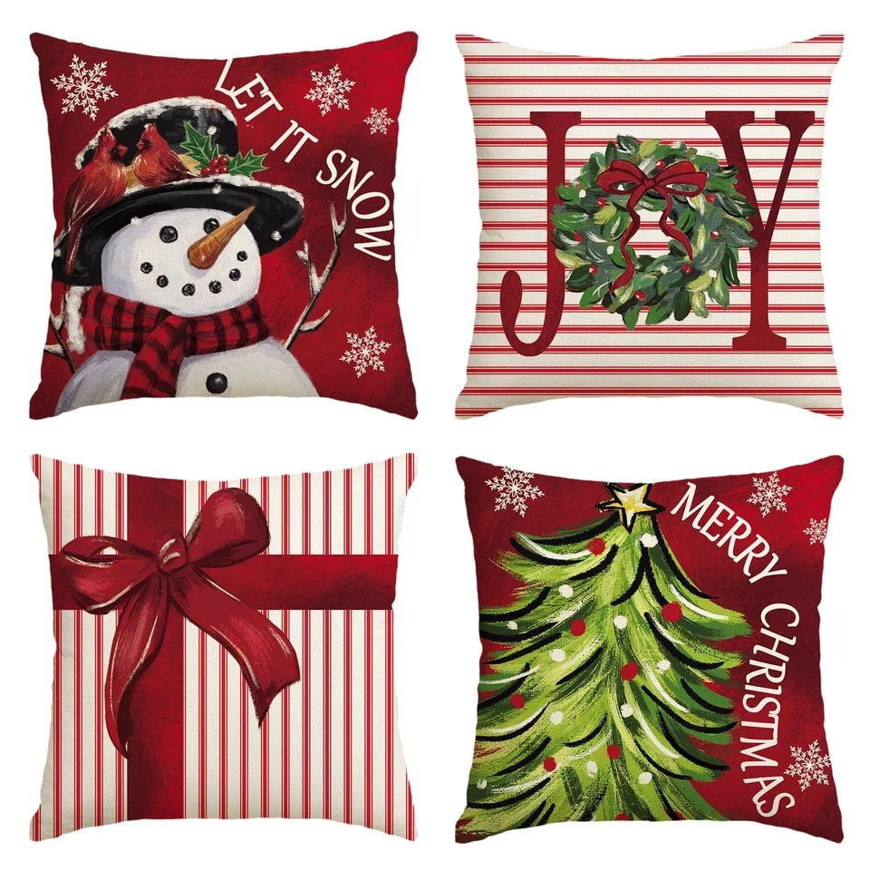 Merry Christmas Let It Snow Joy Stripes Gift Box Red Throw Pillow Covers, 18 X 1 - Image 2 of 4