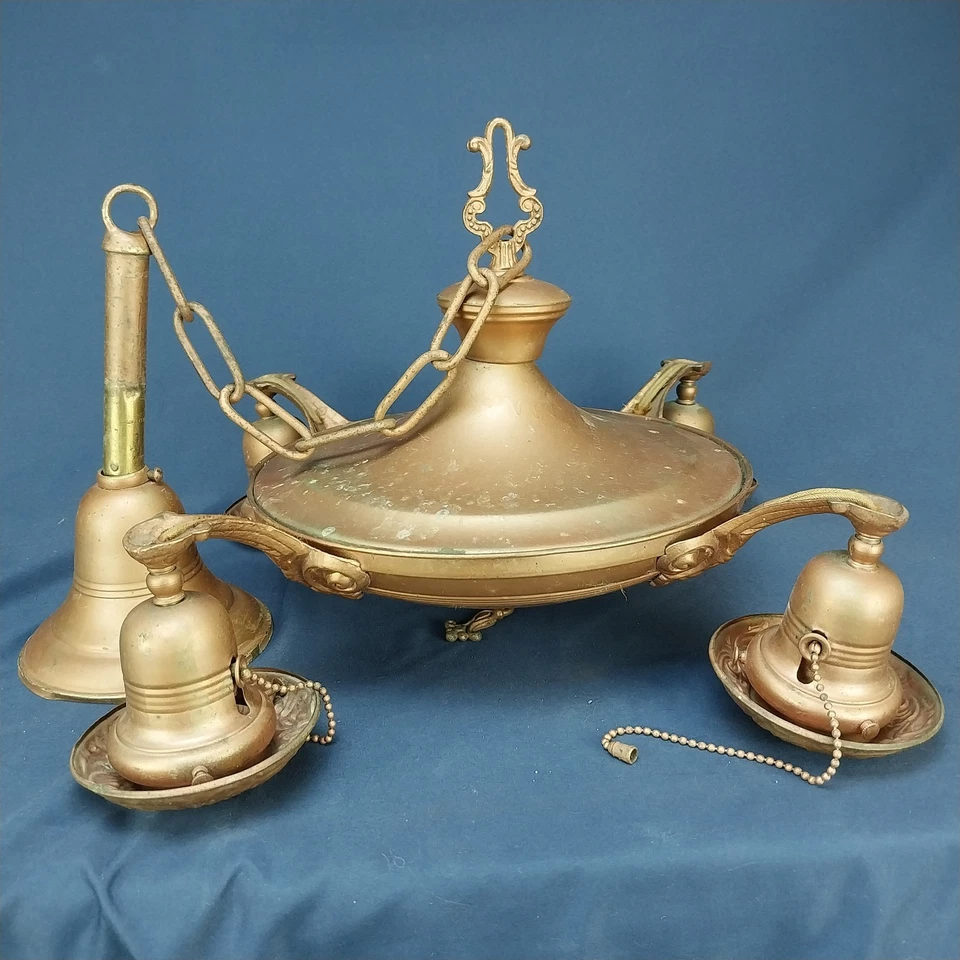 Antique Art Nouveau 1910's Drop Pan Brass Chandelier Light Fixture-4 Down Lamp - Image 2 of 4