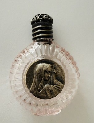 Holy Water Bottle-pink glass- Madonna emblem-antique silver