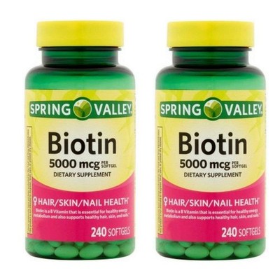 Spring Valley Biotin 5000 mcg 240 Softgels Pack of 2 for Hair Skin Nails