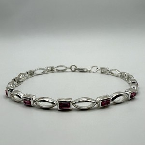 925 Sterling Silver Pink Red Gemstone Link Tennis Bracelet 8" 10g