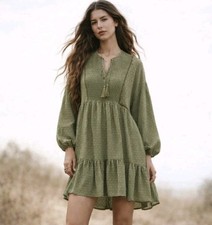 Zara Olive Green Mini Dress Tiered Peasant Boho Cottagecore Prairie Size M
