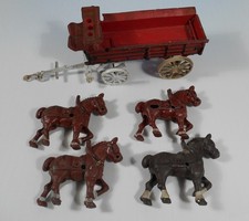 Lot of 4 Vintage Cast Iron Budweiser Clydesdale Horses and Wagon For Parts