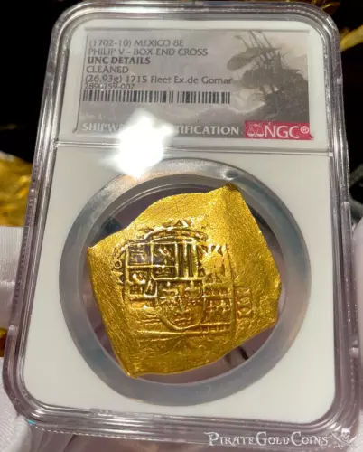 MEL FISHER COA MEXICO 1715 FLEET SHIPWRECK 1702-10 NGC UNC 8 ESCUDOS PIRATE GOLD