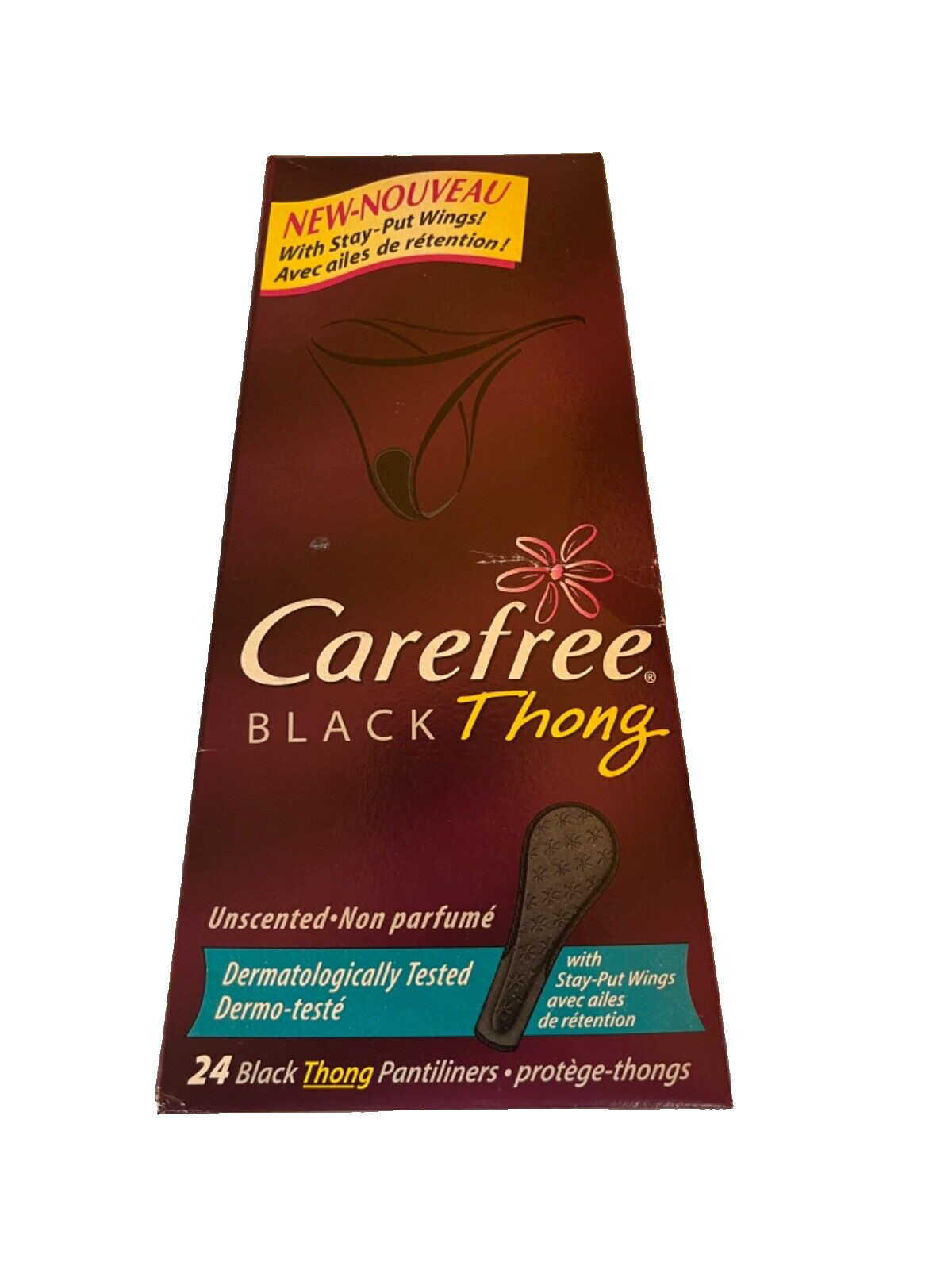 BLACK Carefree Thong Liners, Unscented. Case of 12 boxes (each box has 24). NIB 