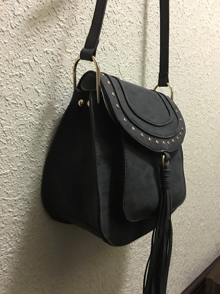 BOLSO BANDOLERA FRANCO SARTO REX SILLÍN OROPEL FLECOS NEGRO NUEVO Foto 4 de 4