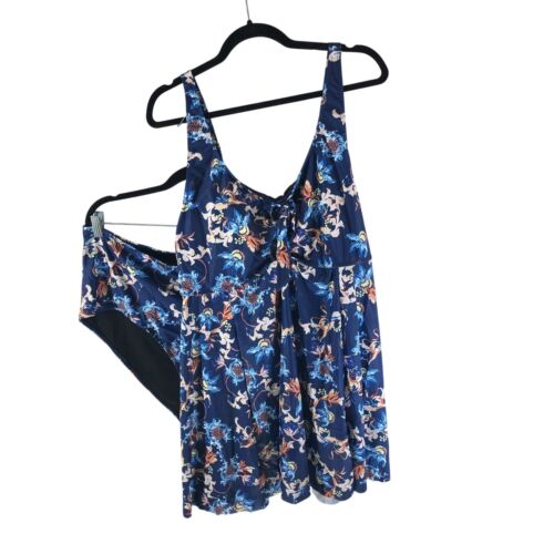 Bloomchic Womens 2Pc Swimsuit Swimdress Removable Cups Navy Blue Floral 22/24
