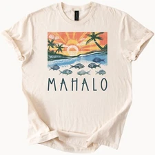 Mahalo Sunset Palm Trees Fish Graphic T Shirt Hawaii Beach Vacation