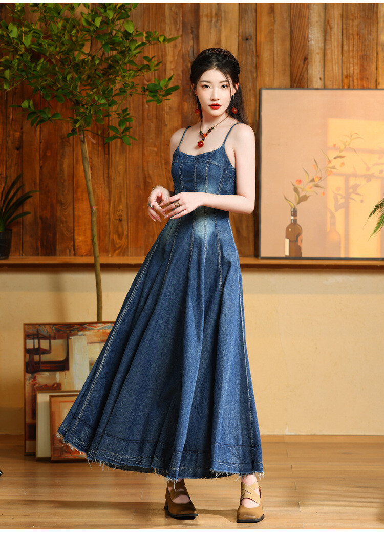 New hot Women's Denim Dress Spaghetti Strap Casual Sleeveless Long Maxi  Dress