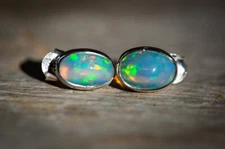 Real Fire Opal Oval Gemstone 925 Sterling Silver Women Simple Stud Earrings