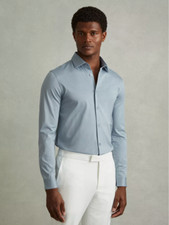 REISS Mens King Mercerised Cotton Shirt Designer Button Through Short Sleeve